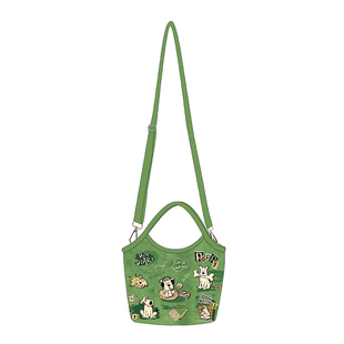 尼睿新款绿色斜挎包小巧便携手提包可爱小狗帆布包拉链手机包Q205
