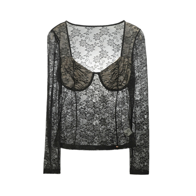 歌瑞尔白色轻透蕾丝低领打底衫女