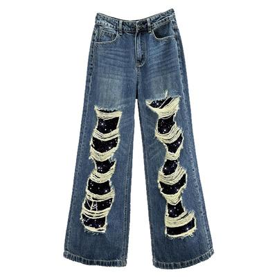 假破洞亮片牛仔阔腿裤女2025秋季