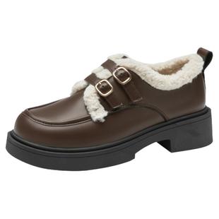 大东乐福鞋女冬季加绒女鞋2025新款厚底冬鞋一脚蹬单鞋英伦小皮鞋