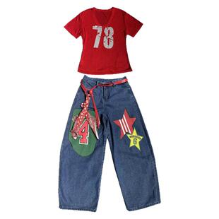 涂鸦宽松嘻哈街舞潮牌牛仔裤子kpop舞蹈女团演出服装爵士跳舞穿搭