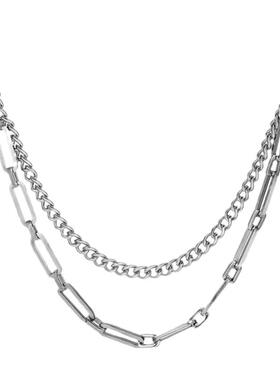 双层拼接古巴项链男款嘻哈气质原创个性简约钛钢锁骨链圣诞节礼物