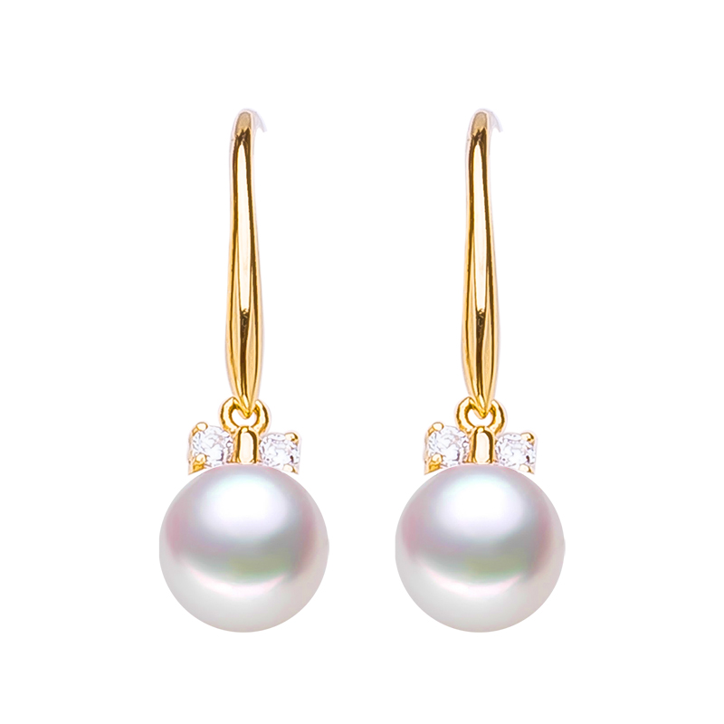 akoya海水珍珠耳钩天然日本珠耳钉耳环18k金蝴蝶结天女黄金玫瑰金