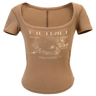 FILIRILI美式复古设计感印花短袖针织衫女方领夏季新款修身上衣