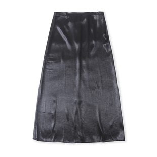 缎面仿真丝半身裙 夏季新款外贸女装自然腰后拉链开叉中长裙32811