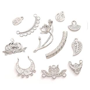 银色合金新中式竹叶弯管半镯财福小挂件DIY手工发簪手链材料配件