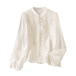 她池短款衬衫2026春季新款女装时尚立领单排扣刺绣宽松款长袖衬衣