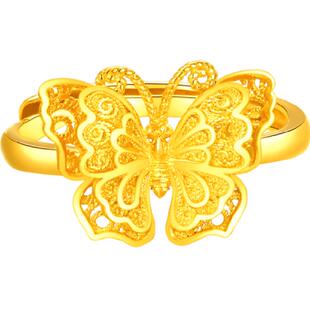梦金园蝴蝶黄金戒指中式花丝福蝶足金指环活口双层设计女生日礼物