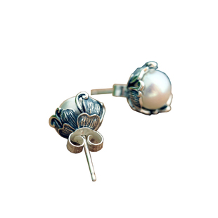 【云韶。】泰银S925纯银饰品手工镶嵌珍珠复古风叶拖立体耳饰耳钉