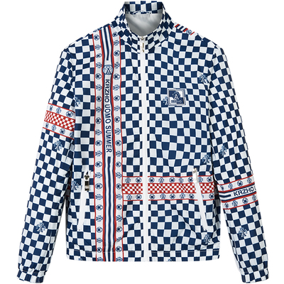 zouk立领春撞色棋盘格印花夹克