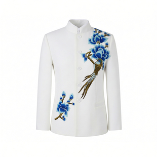 新中式白色中山装男士刺绣演出服大合唱舞台表演服装主持人礼服