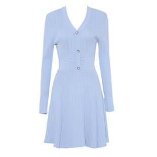 DPLAY【黑标】2025年春季新款蓝色连衣裙女修身短款针织裙子长袖