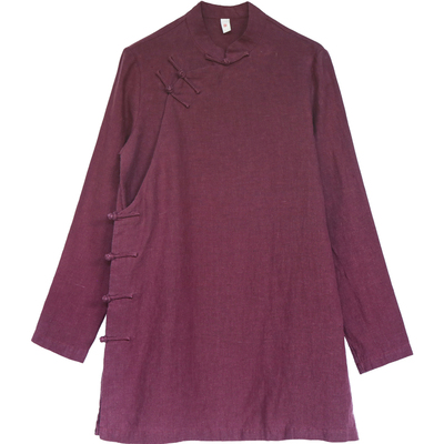 古石后原创布衣长袖衬衫女秋复古中式酒红色斜襟立领亚麻茶服上衣