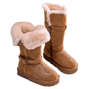 真皮软底女童长筒雪地靴2025年冬季新款女孩加绒加厚大棉高筒靴子