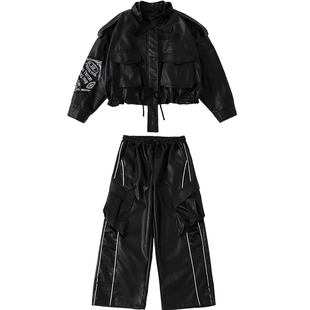 儿童嘻哈街舞服男女童帅气皮夹克套装少儿hiphop架子鼓走秀演出服