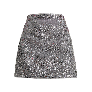 DPLAY【轻奢闪钻系列】灰色亮片半身裙女A字裙春季新款裙子短裙