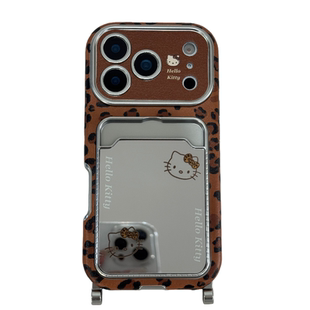大视窗豹纹卡包HelloKitty镜面带挂绳适用苹果17PRO手机壳iPhone16ProMax新款15pro女款小众13硅胶14防摔全包