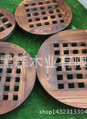 花盆移动托盘碳化木质加厚 圆形实木带滚轮鱼缸万向轮移动底座