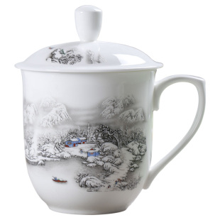 陶瓷茶杯带盖家用大容量办公室水杯景德镇青花瓷杯子定制骨瓷茶杯