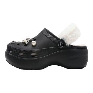 星期六加绒洞洞鞋冬季新款女士厚底增高包头拖鞋百搭保暖加厚棉拖