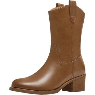 天美意巴恩风粗跟复古黄金V西部靴加绒堆堆靴女高跟短靴2025新款