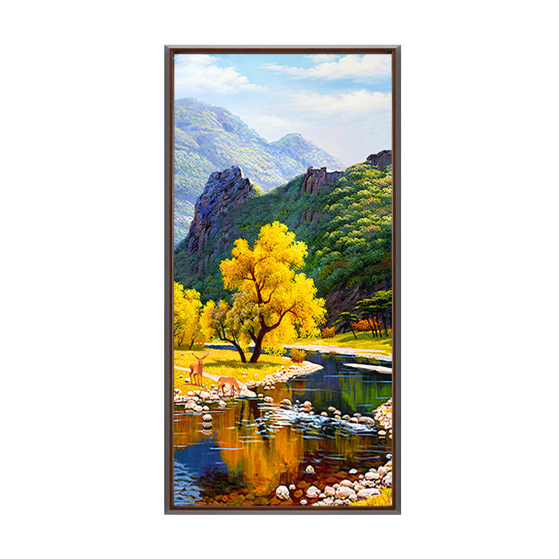 美式别墅山水风景手绘玄关油画