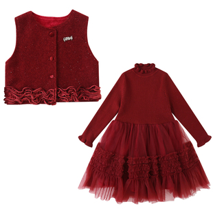 女童连衣裙秋冬小香风套装裙中大童红色拜年服网纱裙加绒公主裙子