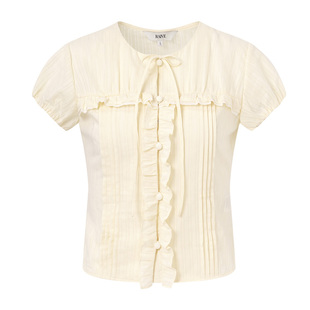 RAIVE2026春季新款女收腰上衣飘逸气质系带荷叶边纯色短袖衬衫