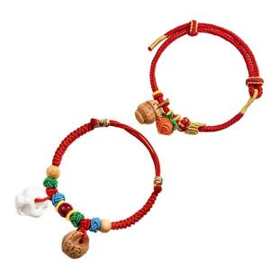 宝宝猪惊骨手链野生桃核手链婴儿编织绳龙纹脑纹桃木红绳雕刻桃篮