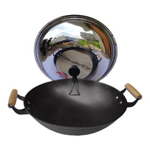 铁锅无涂层圆底锅不粘锅炒菜锅铸铁锅双耳锅家用送开锅双耳炒锅