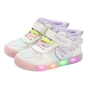 泰兰尼斯童鞋冬季新款儿童闪灯鞋子小女孩运动鞋女童发光板鞋高帮