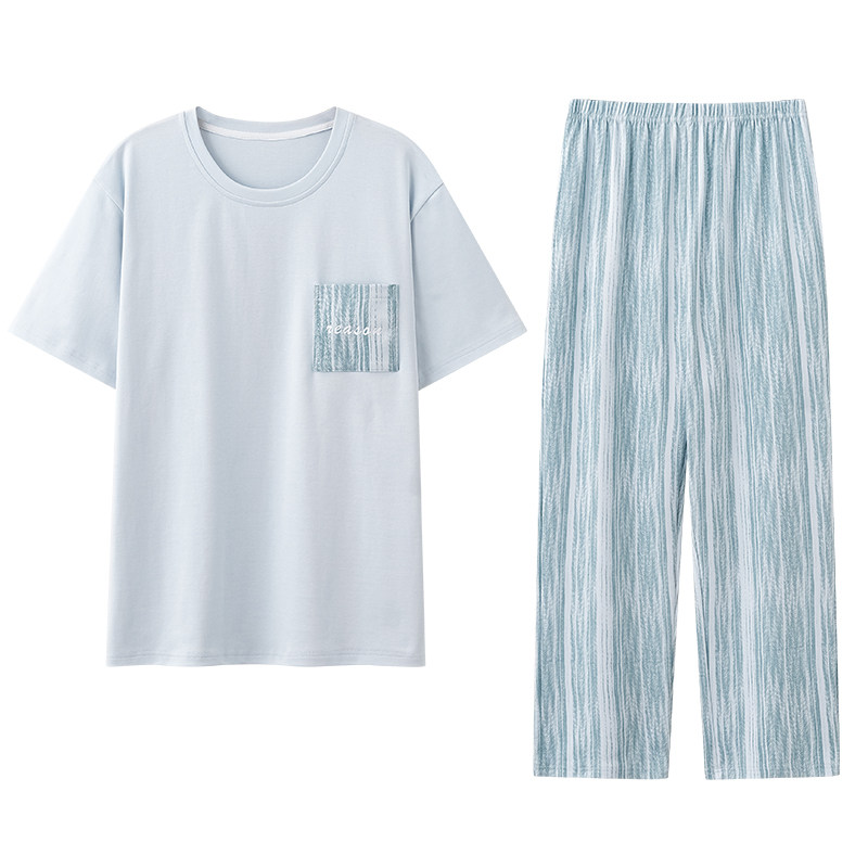 夏季新款100%纯棉家居服睡衣套男款短袖长裤可外穿套头轻薄不闷汗