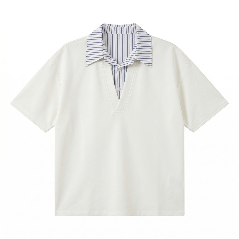 美式假两件拼接polo领短袖男女夏季宽松设计感衬衫百搭情侣半袖