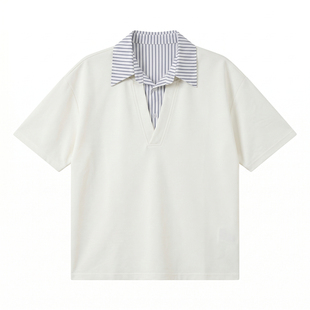 美式假两件拼接polo领短袖男女夏季宽松设计感衬衫百搭情侣半袖
