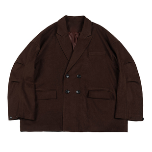 NOEARS复古棕咖色双排扣宽松休闲西装男秋冬日系复古cityboy外套