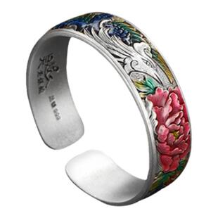 吴越老银铺纯银999丹引凤银手镯国潮复古珐琅彩牡丹开口镯子百搭