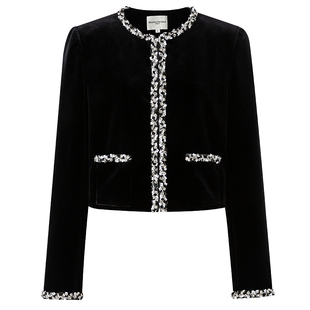 DIANA VEVINA秋冬新款丝绒棋盘格珠片外套小香风手工钉珠短外套