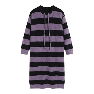 妮狄娅睡衣睡袍女冬季软绵绵保暖时尚条纹秋冬季半边绒睡裙家居服