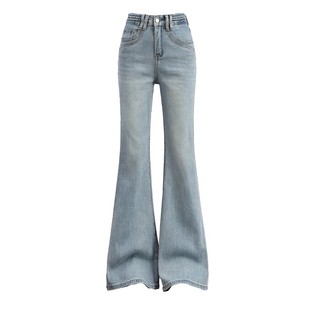 加绒喇叭裤女冬加厚2025新款小个子直筒不贴腿浅蓝色微喇牛仔裤子