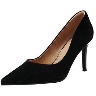 百田森黑色高跟鞋女细跟气质小单鞋女款真皮工作鞋尖头单鞋女