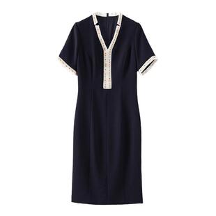 迪奥厅里厅气夏季连衣裙新款轻奢名媛气质重工V领钉珠显瘦收腰裙