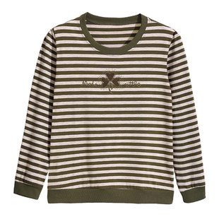 妈妈装宽松长袖T恤女2026春季新款烫钻百搭大码女装春款条纹上衣