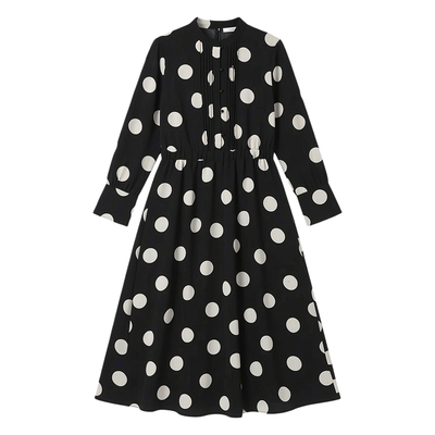 立领松紧腰长袖雪纺衬衫连衣裙