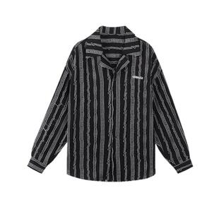 INXXAPYD 潮流时尚古巴领衬衫男复古垂感翻领条纹长袖衬衣