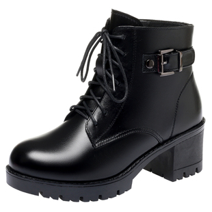 头层牛皮马丁靴女冬季加绒短靴加厚羊毛皮鞋高跟女士棉鞋真皮鞋子