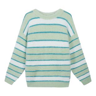 Fun2025秋冬季仿貂绒毛衣慵懒高级感条纹套头上衣男女同款针织衫