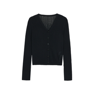 pusumede 自带松弛 镂空v领针织开衫女经典薄款外搭罩衫长袖上衣