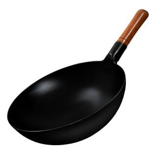 炒菜铁锅老式传统熟铁炒锅家用燃气灶圆底炒菜锅木柄无涂层不粘锅