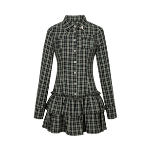 yawhat休闲学院风白色天丝长袖格纹polo衬衫连衣裙收腰显瘦短裙