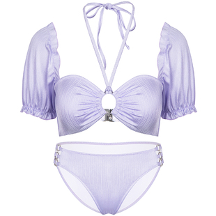 Hidden Butterfly珠光肌理感泡泡袖挂脖抹胸分体泳衣法式海滨度假